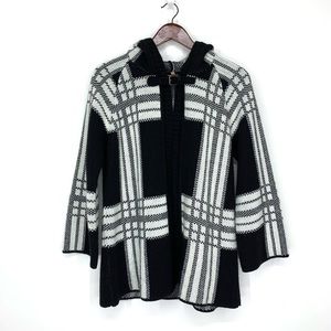Cocogio Italian Wool Blend Plaid Open Front Buckle Closure Hooded Cardigan Lg